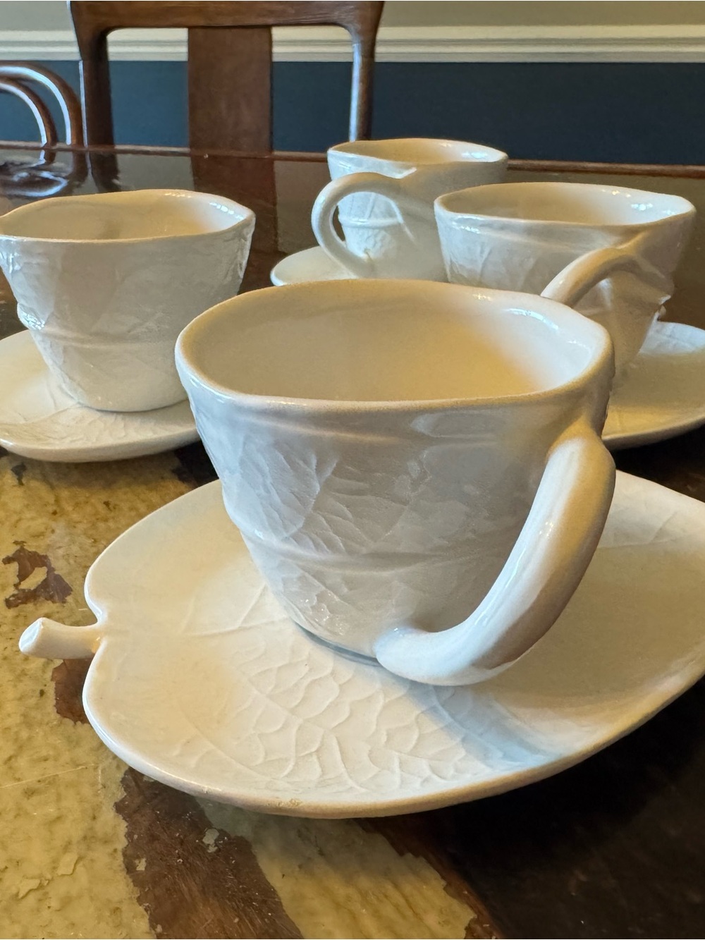 Michael Aram forest White Ceramic Leaf Teacup and Saucer Set of 4